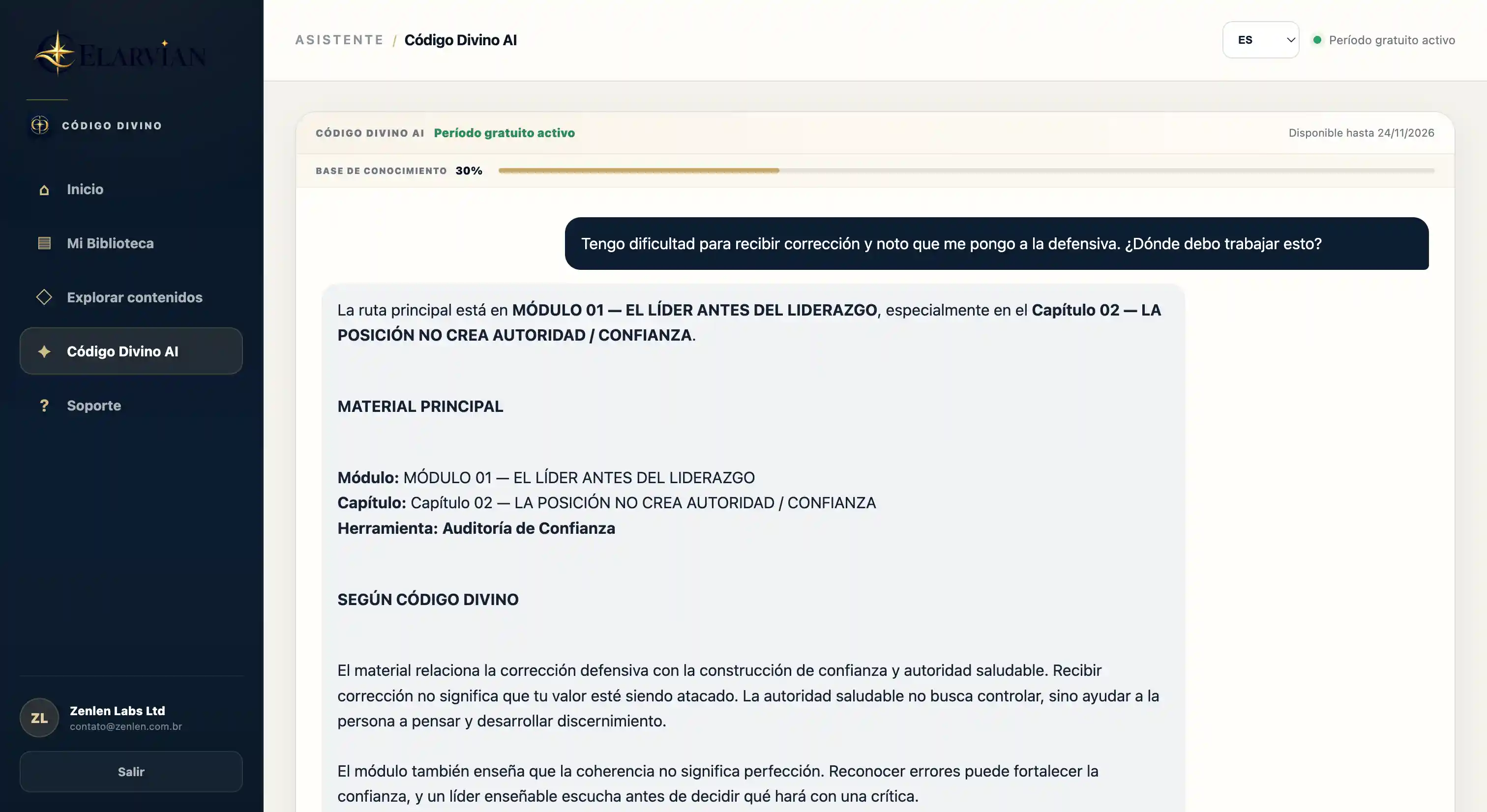 Código Divino AI respondiendo una consulta