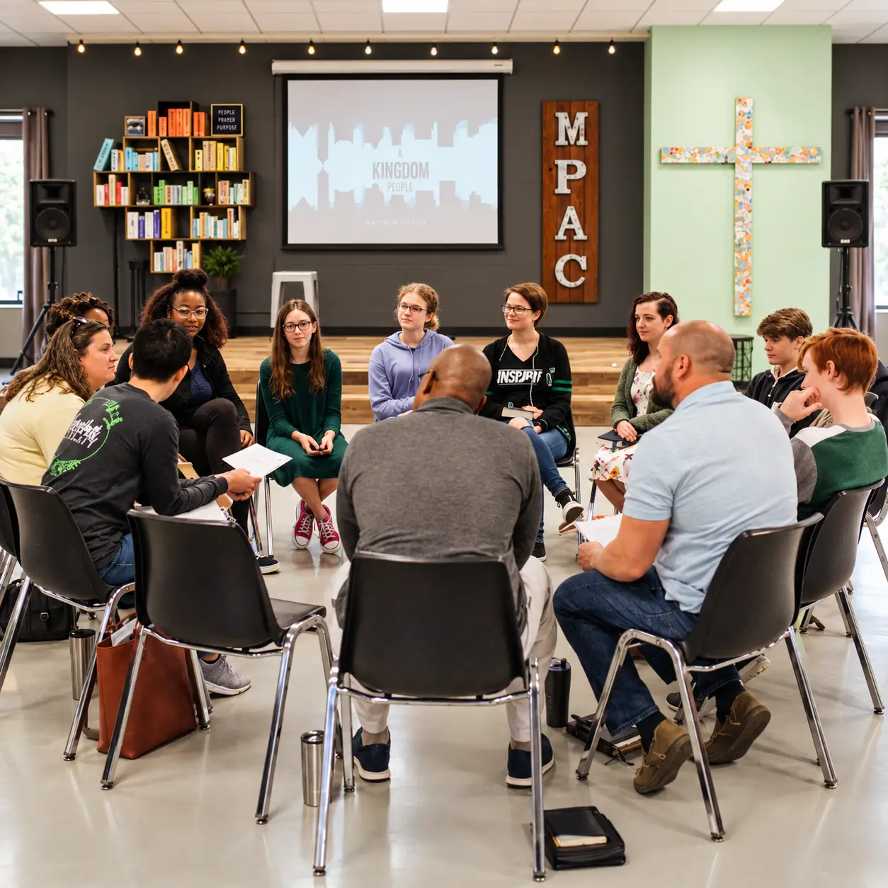 Pastores y responsables reunidos con jóvenes en una iglesia
